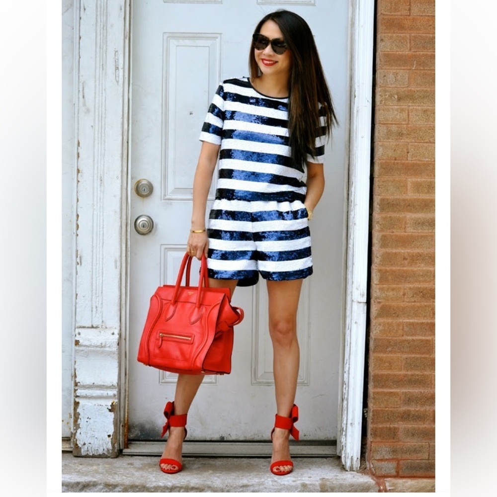 Sandro striped sequin blouse navy/white Size XS/S Elegant Chic Nautical - Picture 5 of 14